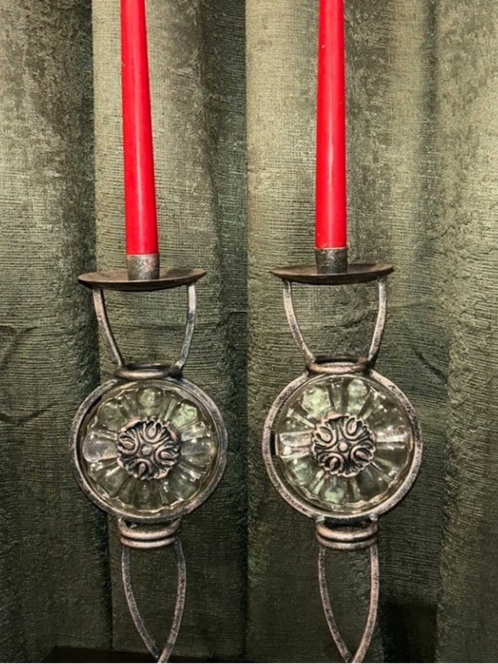 Metal & glass Candle Stick Holder Pair  Arts & Crafts Style Gothic rustic